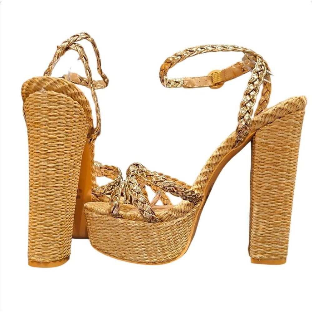 Gold Braided Raffia Platform Heels With Ankle Strap Block Heel - Picture 3 of 8